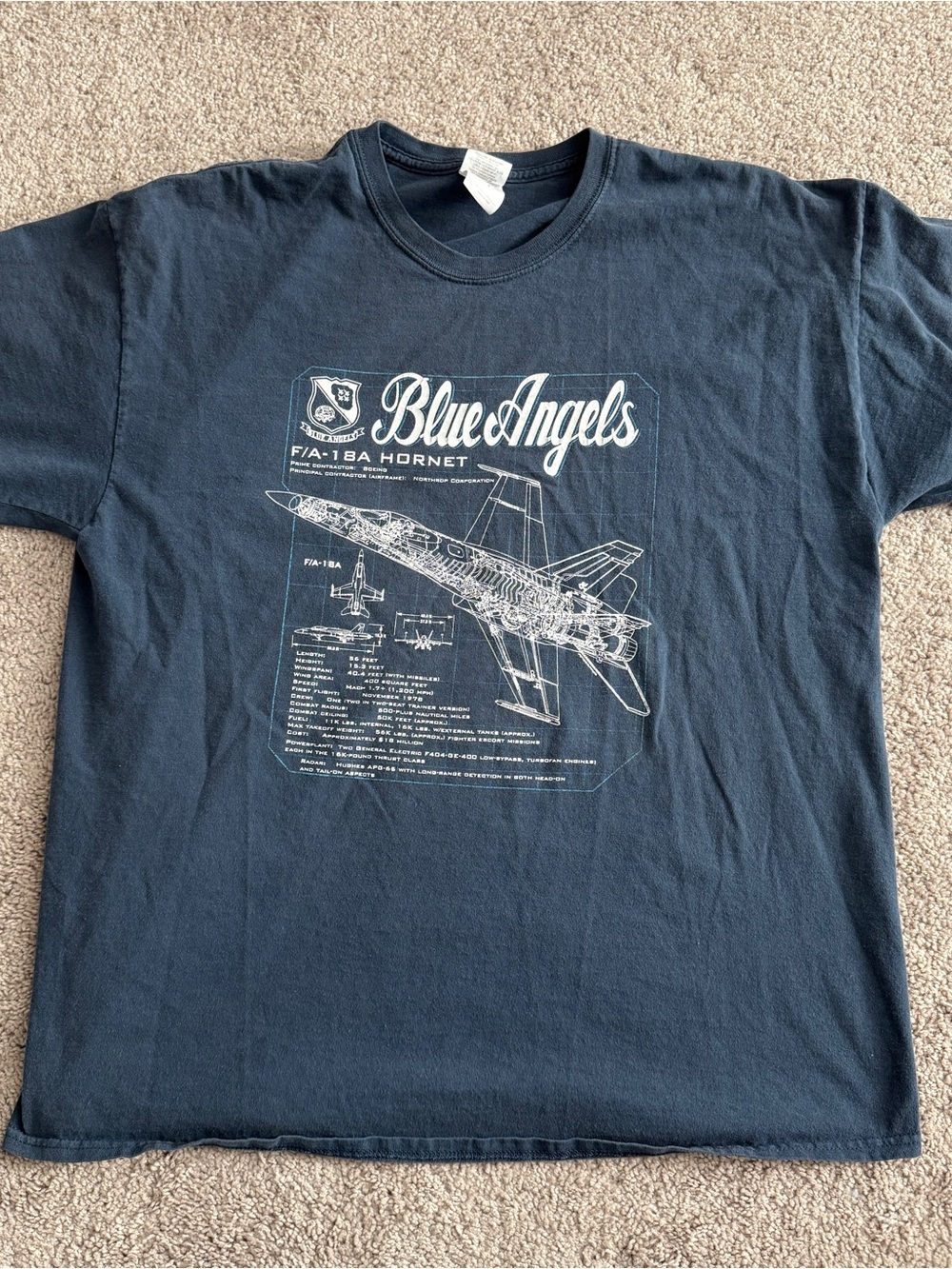 Blue Angels F/A-18A Hornet T Shirt Jet Blueprint Graphic Navy Tee XL 23x28.5